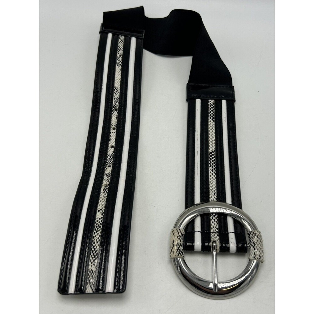 Statement Belt Womens XS Wide Black White Stretch Back Leather 26-29 Snake Print